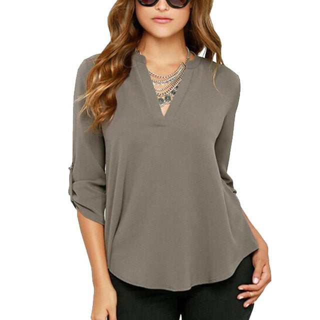 Autumn Women V-neck Chiffon Blouse 3/4 Sleeve Female Solid Casual Shirt Large Size Feminina Camisas Blusas Plus Size