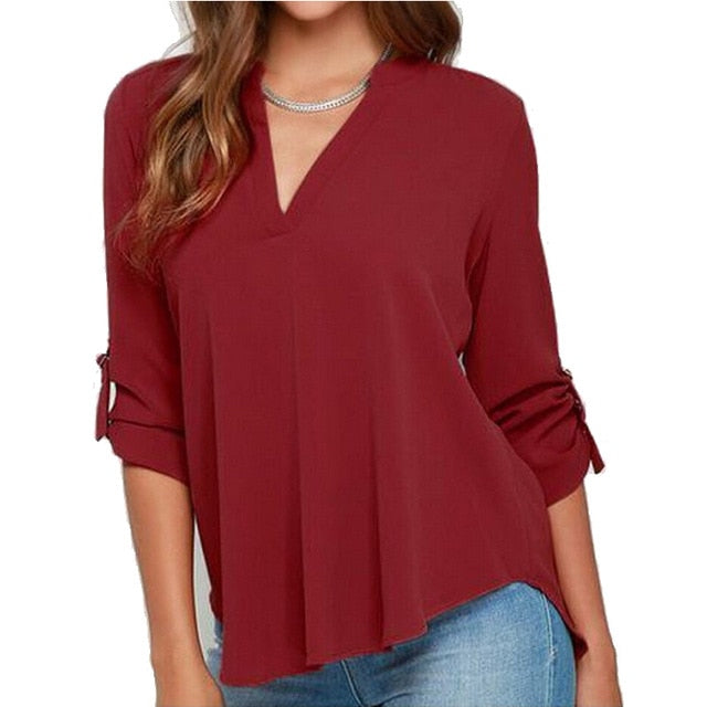 Autumn Women V-neck Chiffon Blouse 3/4 Sleeve Female Solid Casual Shirt Large Size Feminina Camisas Blusas Plus Size