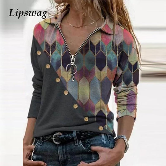 Women Landscape Pattern Print Blouse Shirt Elegant Autumn Turn-Down Collar Pullover Tops Casual Loose Plus Size Streetwear Blusa