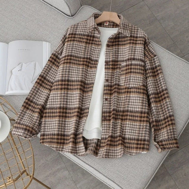 Blouse Women Woolen Plaid Coat Plaid Shirt for Women Thickened Long Sleeve Top Shirt Blusas Ropa De Mujer