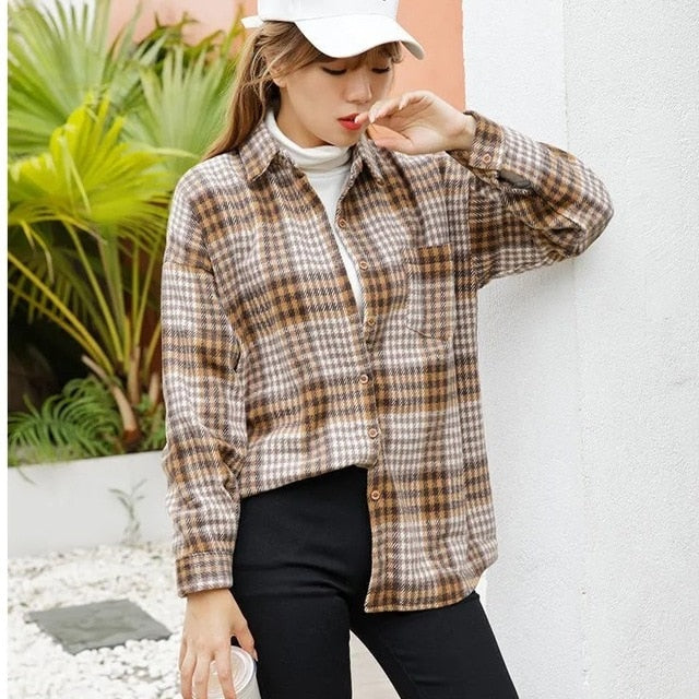Blouse Women Woolen Plaid Coat Plaid Shirt for Women Thickened Long Sleeve Top Shirt Blusas Ropa De Mujer