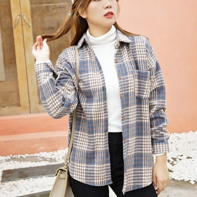 Blouse Women Woolen Plaid Coat Plaid Shirt for Women Thickened Long Sleeve Top Shirt Blusas Ropa De Mujer