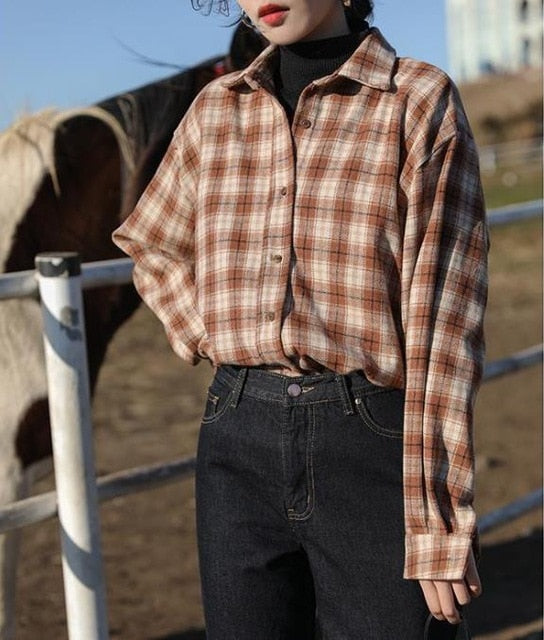 Blouse Women Woolen Plaid Coat Plaid Shirt for Women Thickened Long Sleeve Top Shirt Blusas Ropa De Mujer