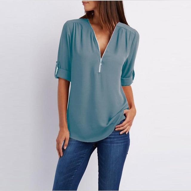 Women Chiffon V-Neck Blouse Summer Autumn Casual Half Sleeve Solid Tops Loose Zipper Bluses Shirts Plus Size