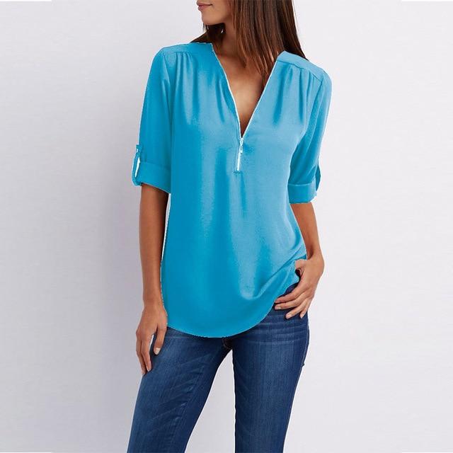 Women Chiffon V-Neck Blouse Summer Autumn Casual Half Sleeve Solid Tops Loose Zipper Bluses Shirts Plus Size