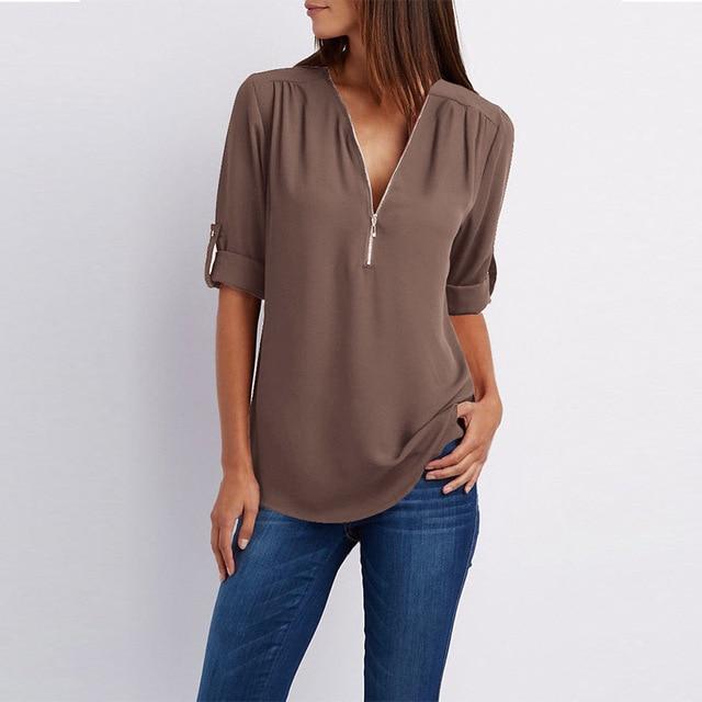 Women Chiffon V-Neck Blouse Summer Autumn Casual Half Sleeve Solid Tops Loose Zipper Bluses Shirts Plus Size