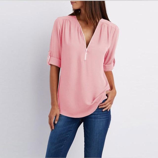 Women Chiffon V-Neck Blouse Summer Autumn Casual Half Sleeve Solid Tops Loose Zipper Bluses Shirts Plus Size