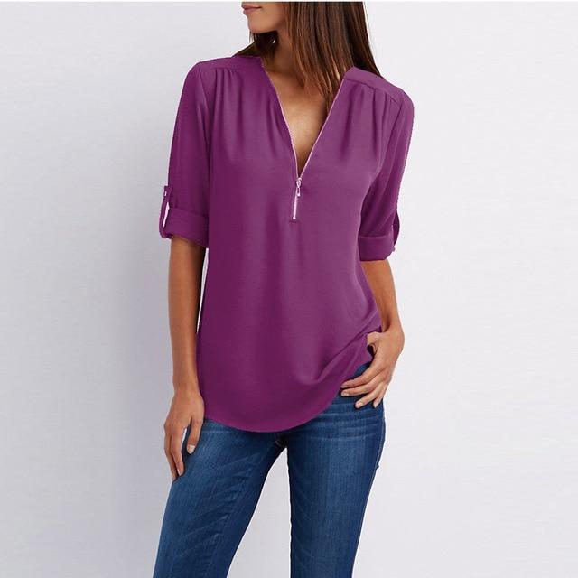 Women Chiffon V-Neck Blouse Summer Autumn Casual Half Sleeve Solid Tops Loose Zipper Bluses Shirts Plus Size