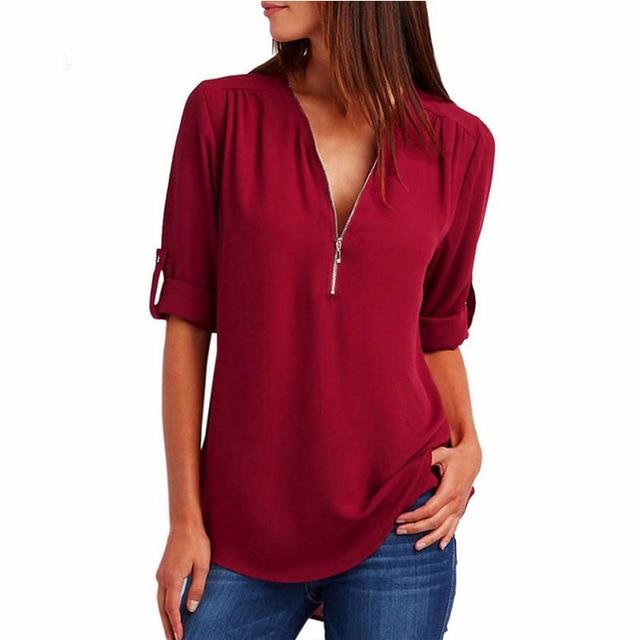 Women Chiffon V-Neck Blouse Summer Autumn Casual Half Sleeve Solid Tops Loose Zipper Bluses Shirts Plus Size