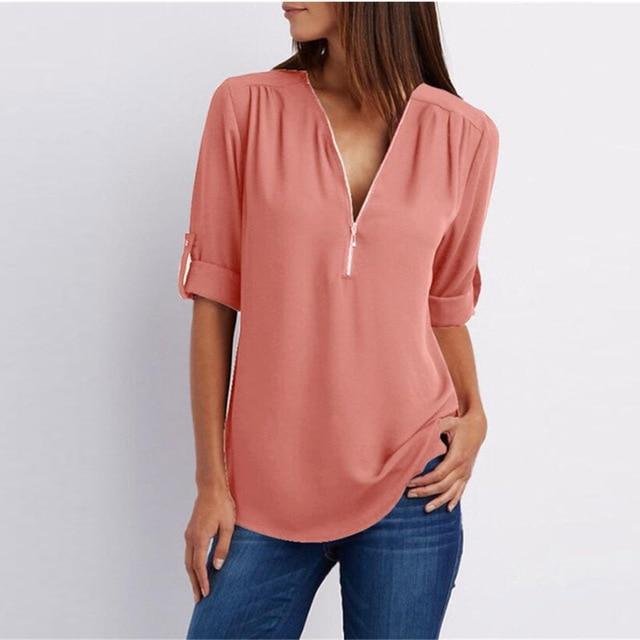 Women Chiffon V-Neck Blouse Summer Autumn Casual Half Sleeve Solid Tops Loose Zipper Bluses Shirts Plus Size