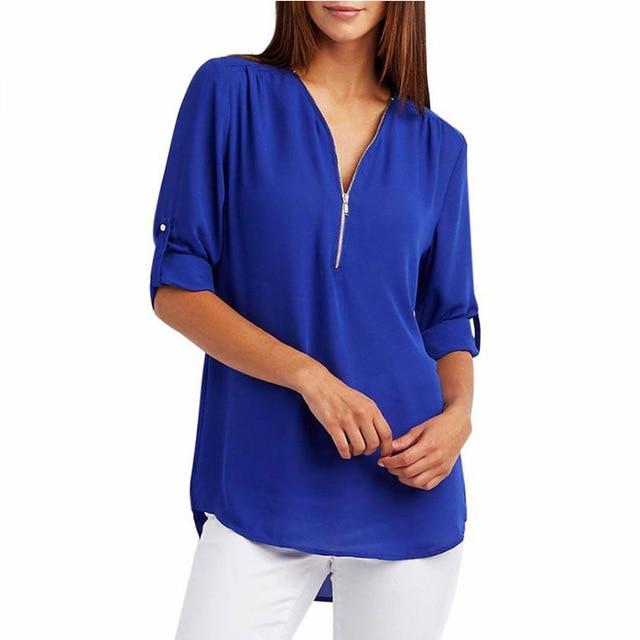 Women Chiffon V-Neck Blouse Summer Autumn Casual Half Sleeve Solid Tops Loose Zipper Bluses Shirts Plus Size