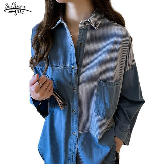 2020 Autumn New camisa jeans feminina Shirt cotton Female Long Sleeve women's denim Shirt loose Korean plus size blouse 7256 50