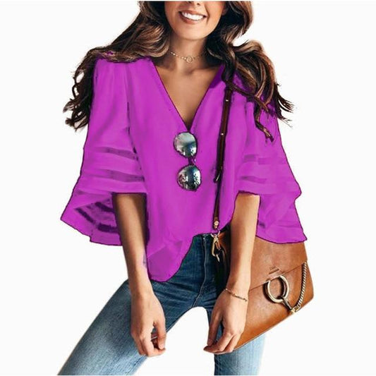 Women 3/4 Flare Sleeve Chiffon Blouse Summer Spring V Neck Loose Tops Mesh Stitching Tunic Shirt Plus Size