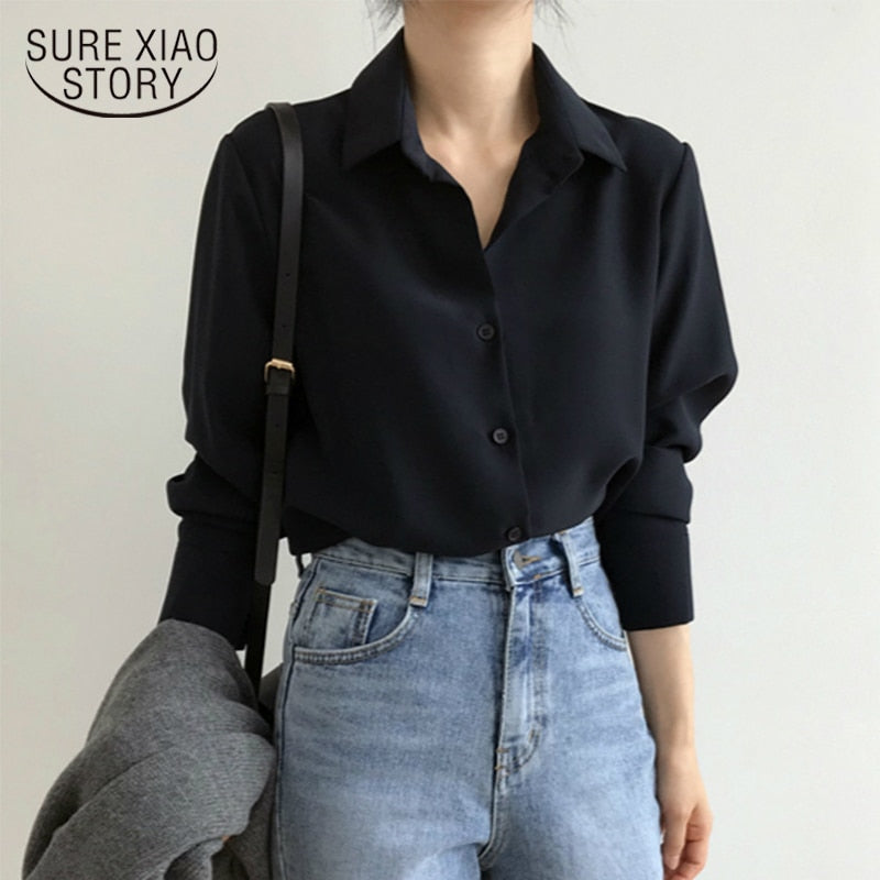 New Women's Shirt Classic Chiffon Blouse Female Plus Size Loose Long Sleeve Shirts Lady Simple Style Tops Clothes Blusas 6830 50