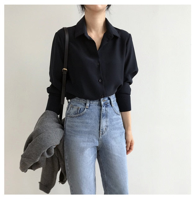 New Women's Shirt Classic Chiffon Blouse Female Plus Size Loose Long Sleeve Shirts Lady Simple Style Tops Clothes Blusas 6830 50