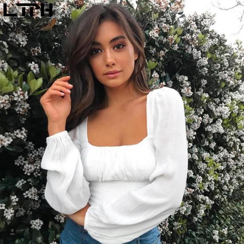 vintage Casual female Autumn New square collar Shirts lantern sleeves short chiffon white shirt womens tops blouses Clearance