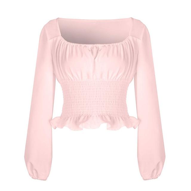 vintage Casual female Autumn New square collar Shirts lantern sleeves short chiffon white shirt womens tops blouses Clearance