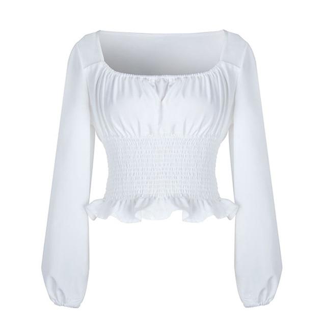 vintage Casual female Autumn New square collar Shirts lantern sleeves short chiffon white shirt womens tops blouses Clearance