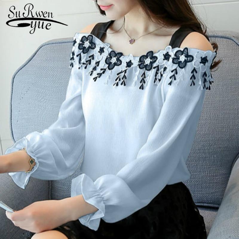 2020 Women Blusas Fashion Flowers Tassel White Shirts Elegant Slash Neck Off Shoulder Tops Female Chiffon Blouse  D433 30