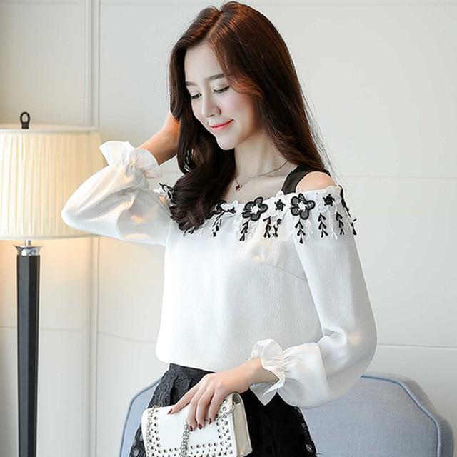 2020 Women Blusas Fashion Flowers Tassel White Shirts Elegant Slash Neck Off Shoulder Tops Female Chiffon Blouse  D433 30
