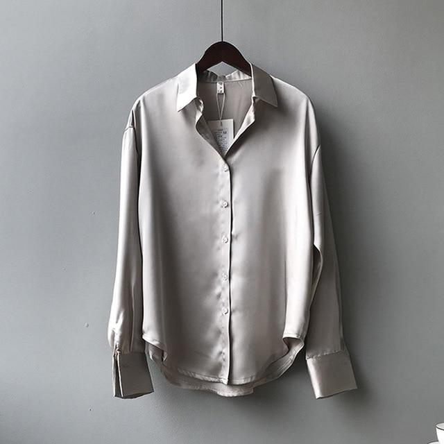 White Satin Shirt Oversize Women Long Sleeve Button Up Office Blouse Elegant Spring Summer 2021 Fashion Top Black Green
