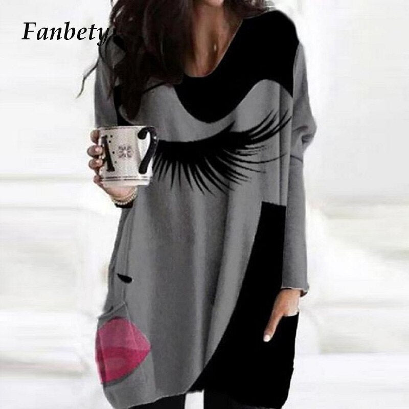 Elegant Women Abstract Face Print Blouse Shirt Autumn Long Sleeve Pockets Irregular Ladies Tops Casual V Neck Female Shirt Blusa