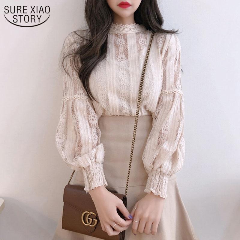 2020 Autumn Sweet Pink Shirts Long Sleeve Lace Blouse for Women Vintage Spliced Solid Womens Clothing Blusas Mujer De Moda 6899