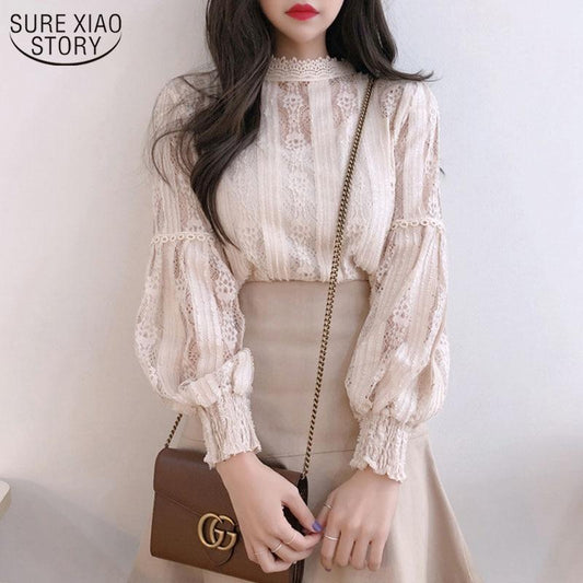 2020 Autumn Sweet Pink Shirts Long Sleeve Lace Blouse for Women Vintage Spliced Solid Womens Clothing Blusas Mujer De Moda 6899