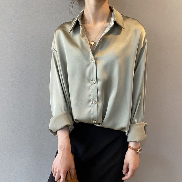 Silk Korean Office Ladies Elegant Shirt Blouse Women Fashion Button Up Satin Shirt Vintage White Long Sleeve Shirts Tops 11355