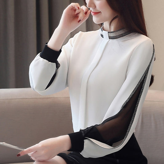 Chiffon Women Blouse Diamonds New 2021 Sexy Casual Hollow out Mesh korean Shirt Elegant Slim Stand Collar Women Tops blusa H34D