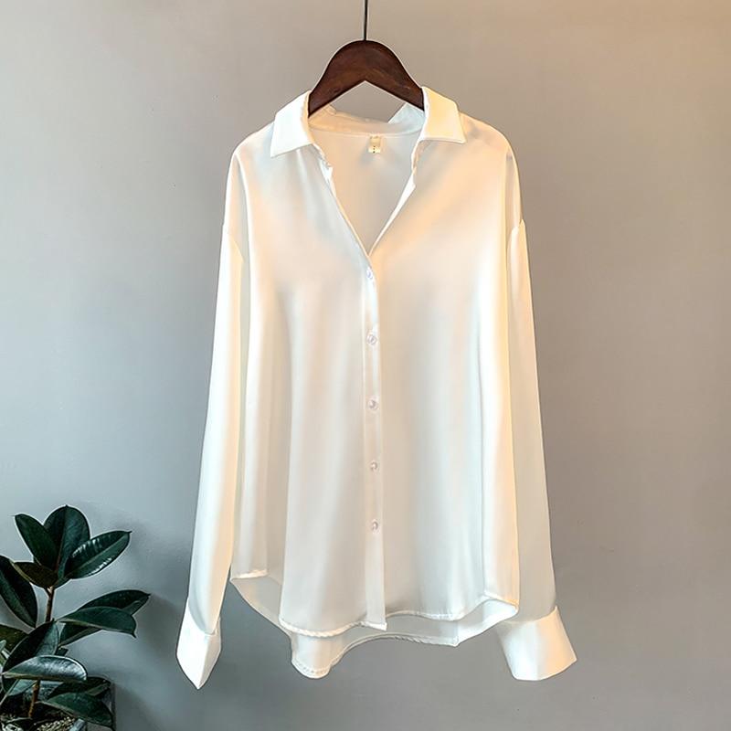 White Satin Shirt Oversize Women Long Sleeve Button Up Office Blouse Elegant Spring Summer 2021 Fashion Top Black Green