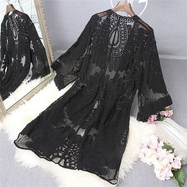 1Pc Women Beach Cover Up Floral Embroidery Swimwear Women Robe Cardigan BathingSuit