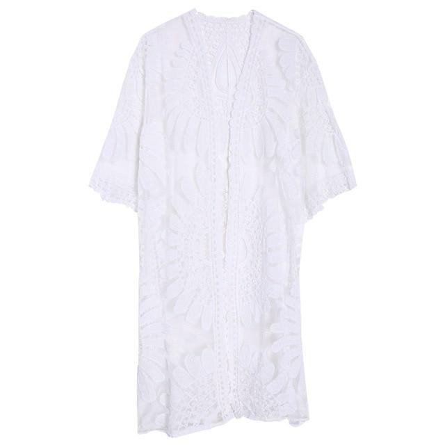 1Pc Women Beach Cover Up Floral Embroidery Swimwear Women Robe Cardigan BathingSuit