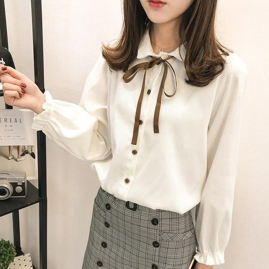 Office Ladies Blouse Spring Autumn Tops Fashion Long Sleeve Bow Slim White Shirt
