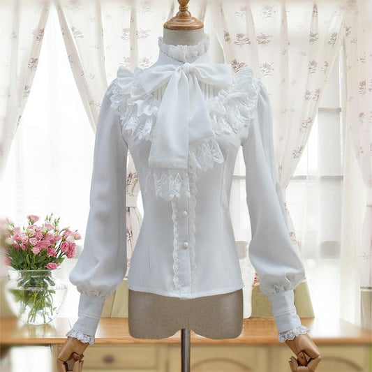 Vintage Women's Lolita Shirt Gothic Chiffon Ruffle Blouse Long Sleeve Blusas Black/White/Navy Blue/Burgundy
