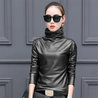 European punk plus size women blouse autumn turtleneck long sleeve tops shirt ladies velvet stretch camisas PU leather blouses