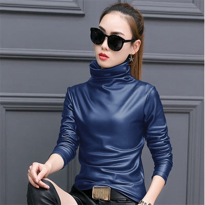European punk plus size women blouse autumn turtleneck long sleeve tops shirt ladies velvet stretch camisas PU leather blouses