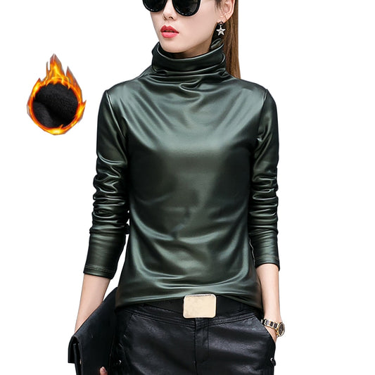 European punk plus size women blouse autumn turtleneck long sleeve tops shirt ladies velvet stretch camisas PU leather blouses