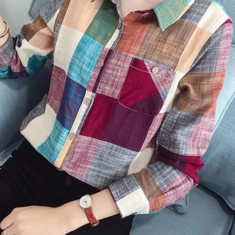 Rainbow Plaid Shirts Women Blusas Femininas Elegante Long Sleeve Shirt Femme Plus Size Clothing Women Tops and Blouses