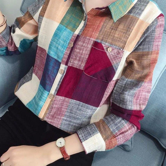 Rainbow Plaid Shirts Women Blusas Femininas Elegante Long Sleeve Shirt Femme Plus Size Clothing Women Tops and Blouses