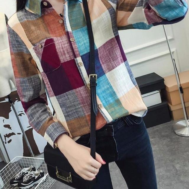 Rainbow Plaid Shirts Women Blusas Femininas Elegante Long Sleeve Shirt Femme Plus Size Clothing Women Tops and Blouses