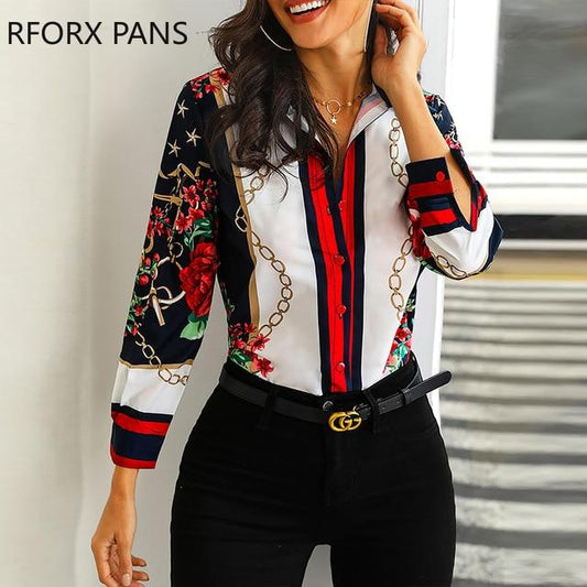 Floral & Chains Print Casual Blouse Long Sleeve Women Tops