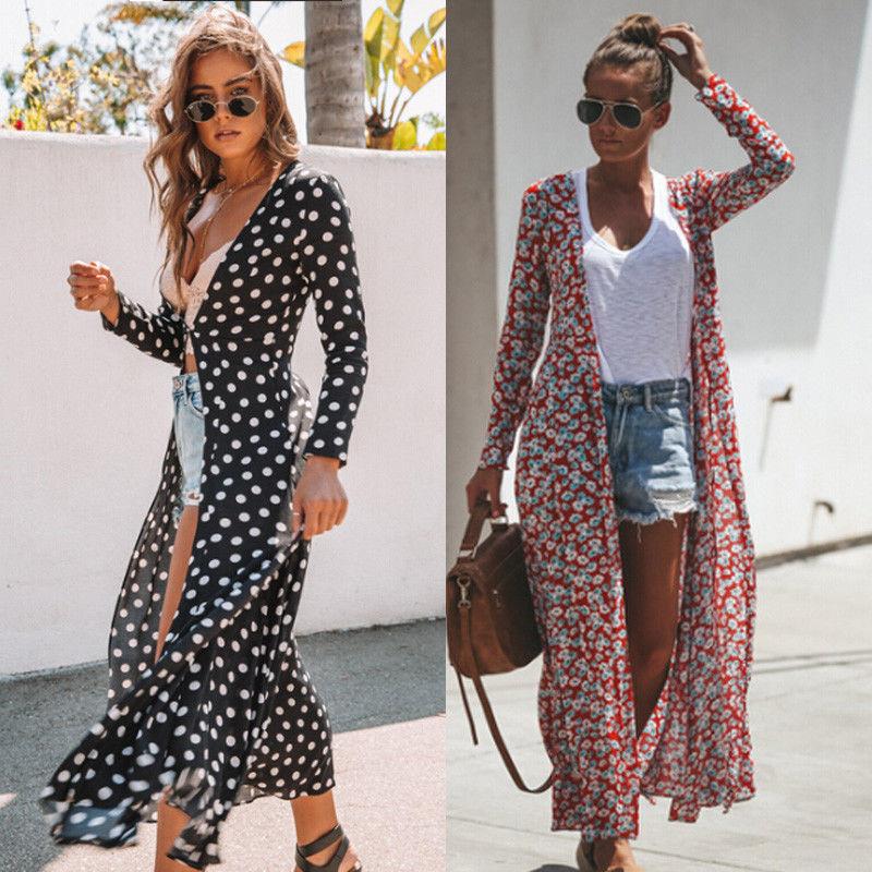 Autumn Fashion Women Lady Floral Maxi Kimono Duster Cardigan Chiffon Shirts Open Front Loose Blouses Streetwear