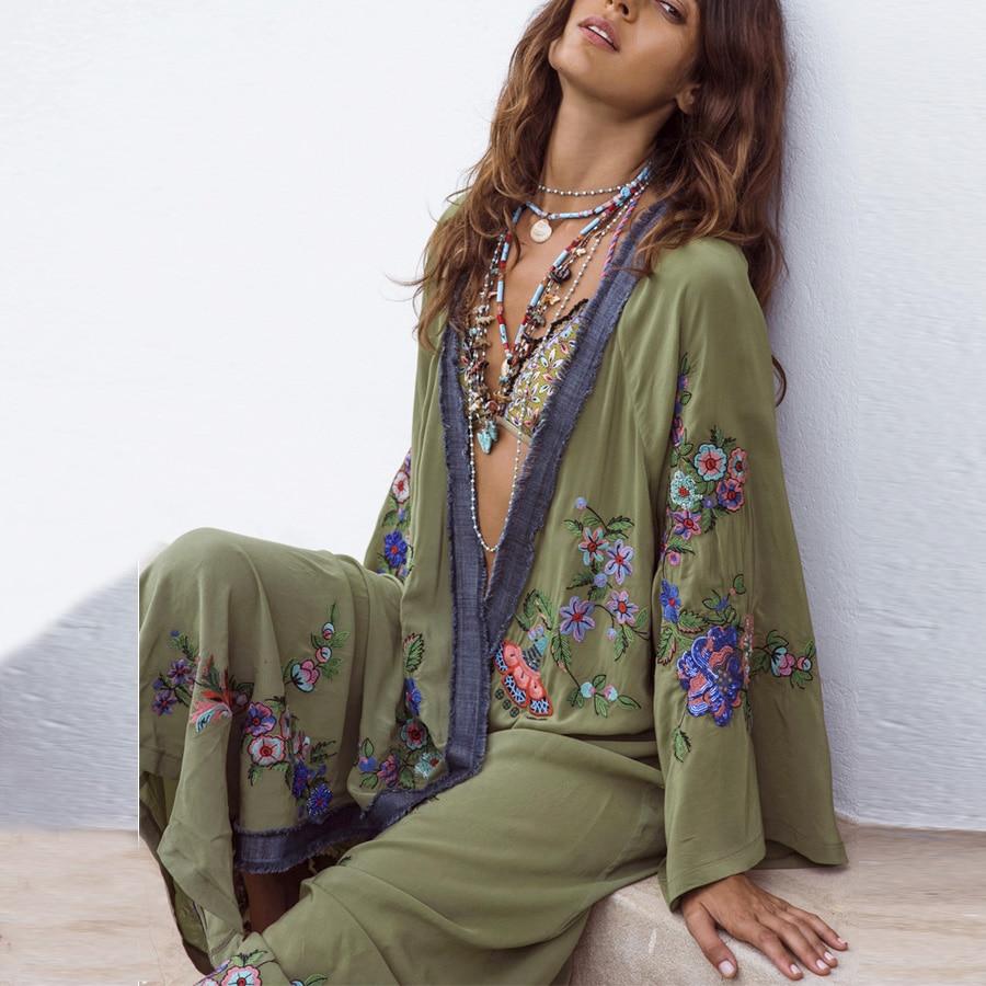 TEELYNN long Boho cardigan light Green Floral embroidery beach wear Kaftan Robe flare long Sleeve summer loose women blouses