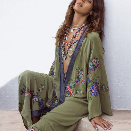 TEELYNN long Boho cardigan light Green Floral embroidery beach wear Kaftan Robe flare long Sleeve summer loose women blouses