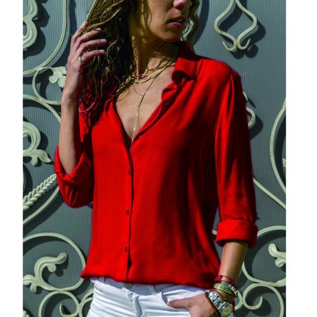 Gentillove Elegant Long Sleeve Solid V-Neck Chiffon Blouse 2019 Summer Women Tops Female Office Shirts Plus Size 3XL
